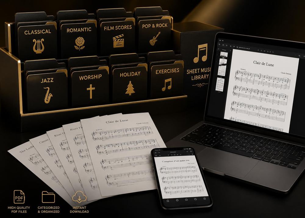 Pastas organizadas por categoria, PDFs de partituras no computador e no celular